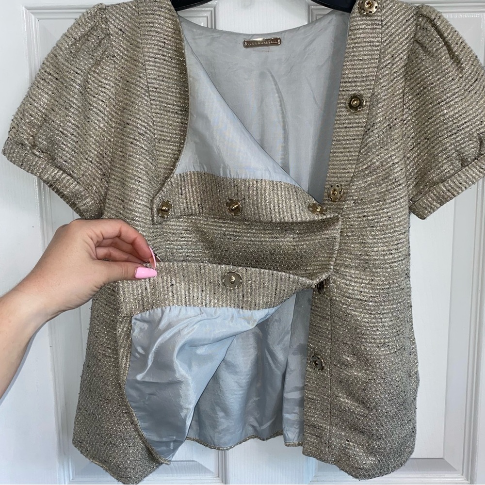 LOEFFLER RANDALL Tan Silver Metallic Puff Short Sleeve Snap Blouse - Picture 8 of 13